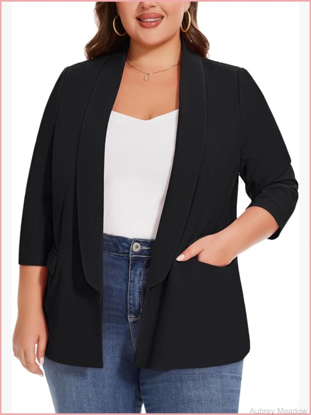 Plus Size Open Front Blazer 3/4 Sleeve With Pockets Work Office Suit Jacket